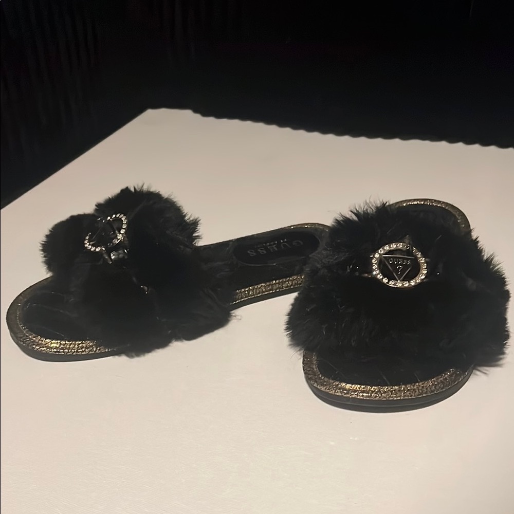 Black and Gold Fur Slides